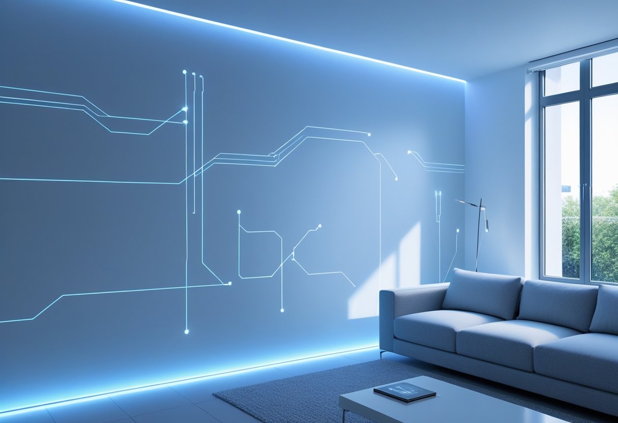 A modern living room with a wall covered in glowing electric wallpaper featuring circuit patterns, next to a sofa and coffee table.