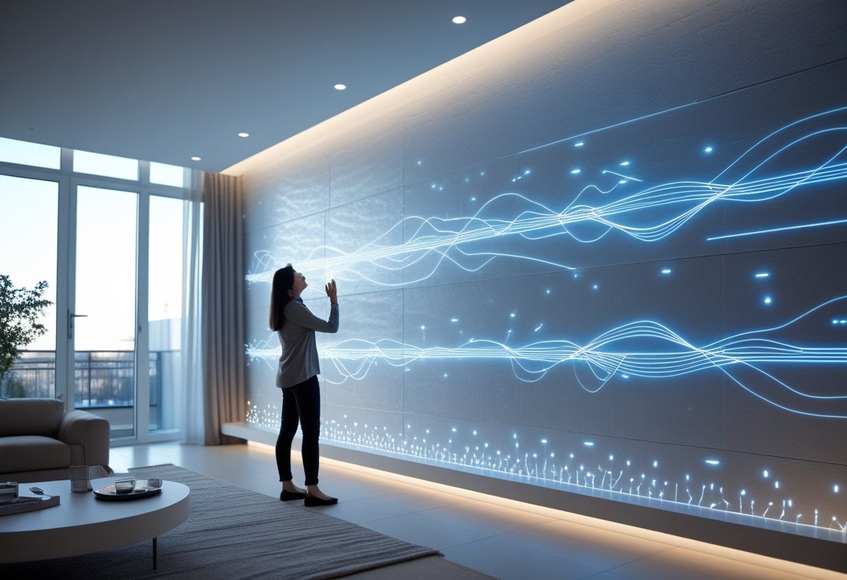 A modern living room with a glowing electric wallpaper accent wall and a person admiring it.