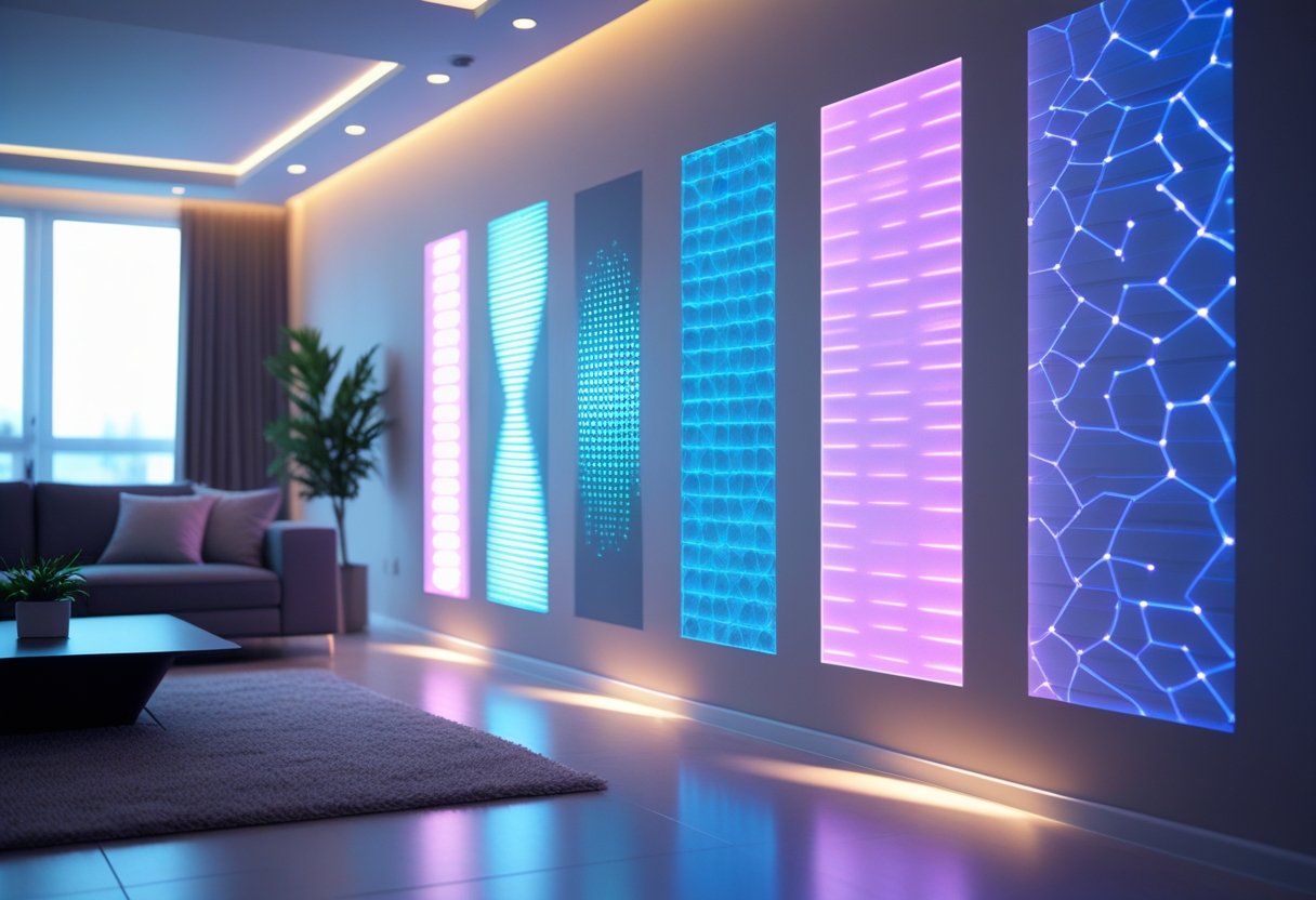 A modern living room with a large wall showcasing different types of electric wallpaper panels displaying illuminated and colorful patterns.