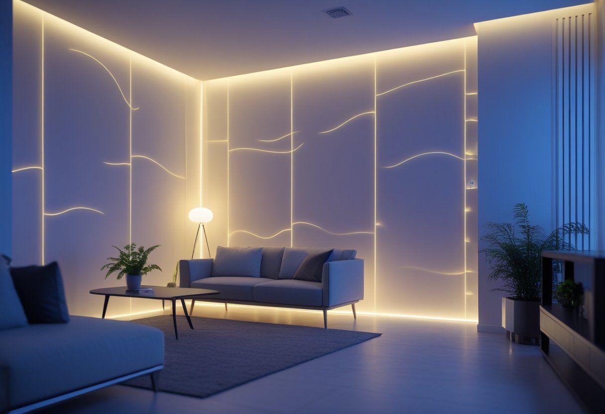 A modern living room with softly glowing electric wallpaper illuminating the walls and contemporary furniture.