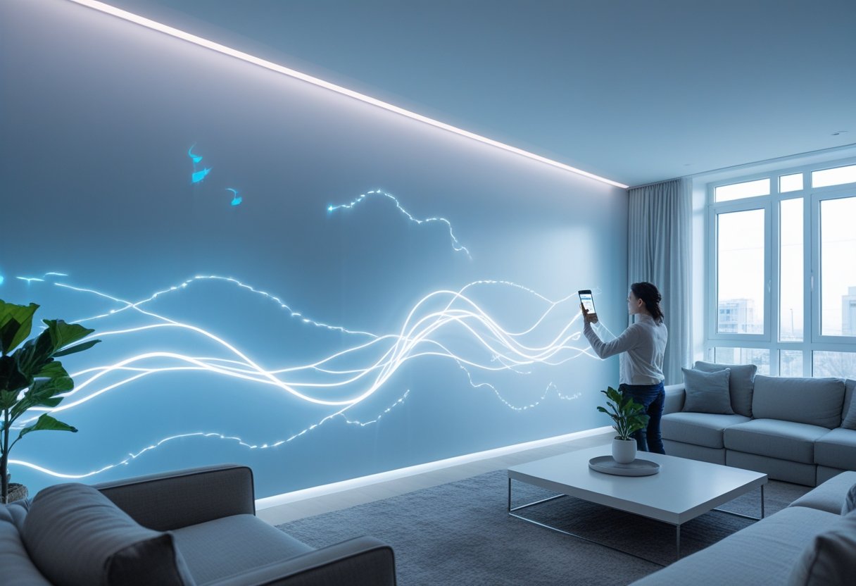 A person using a smartphone to control glowing electric wallpaper with flowing light patterns in a modern living room.