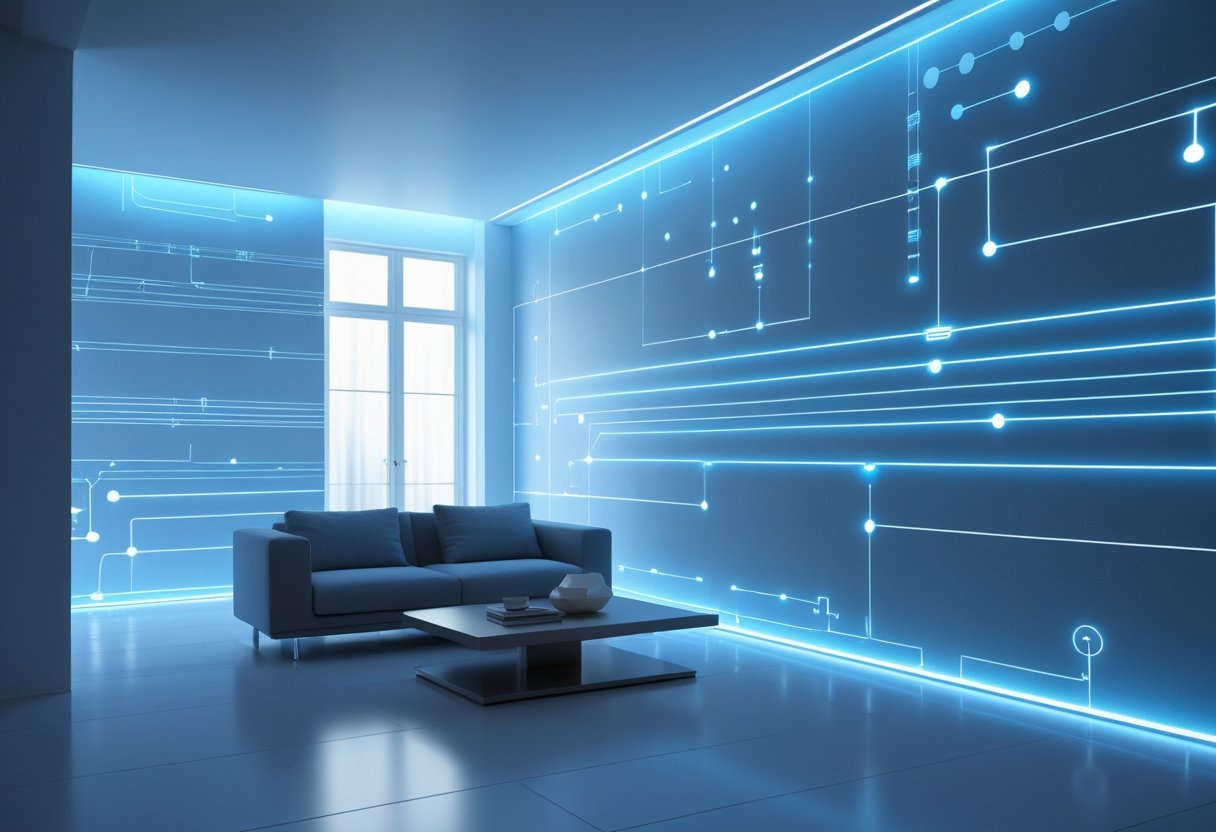 A modern living room with a wall covered in glowing electric wallpaper featuring circuit-like patterns, softly illuminating the space.