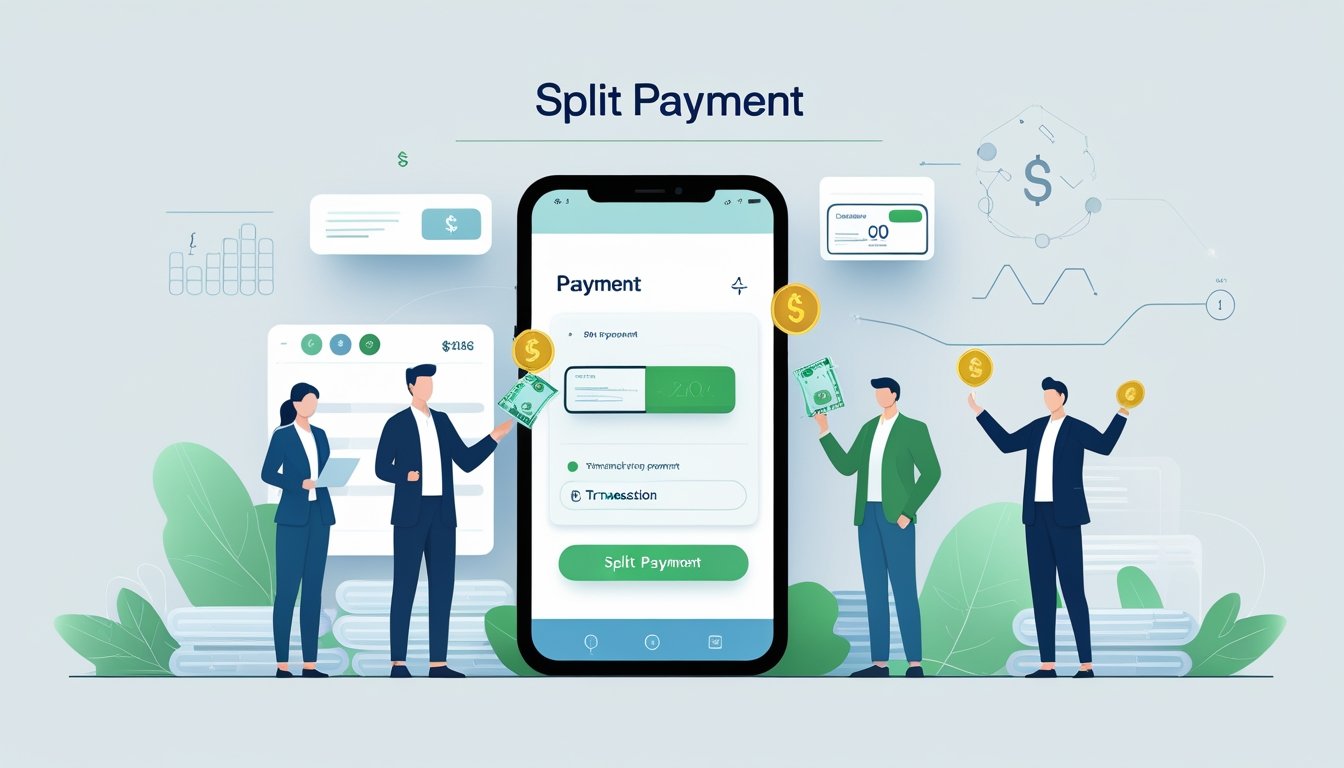 Ilustração mostrando um dispositivo digital dividindo um pagamento entre várias pessoas, representando o funcionamento do split payment.