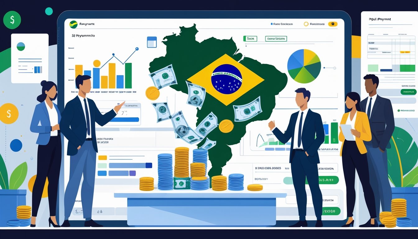 Profissionais em um escritório colaborando em uma mesa digital mostrando gráficos financeiros e um mapa do Brasil, com dinheiro sendo dividido em vários recipientes representando diferentes impostos.