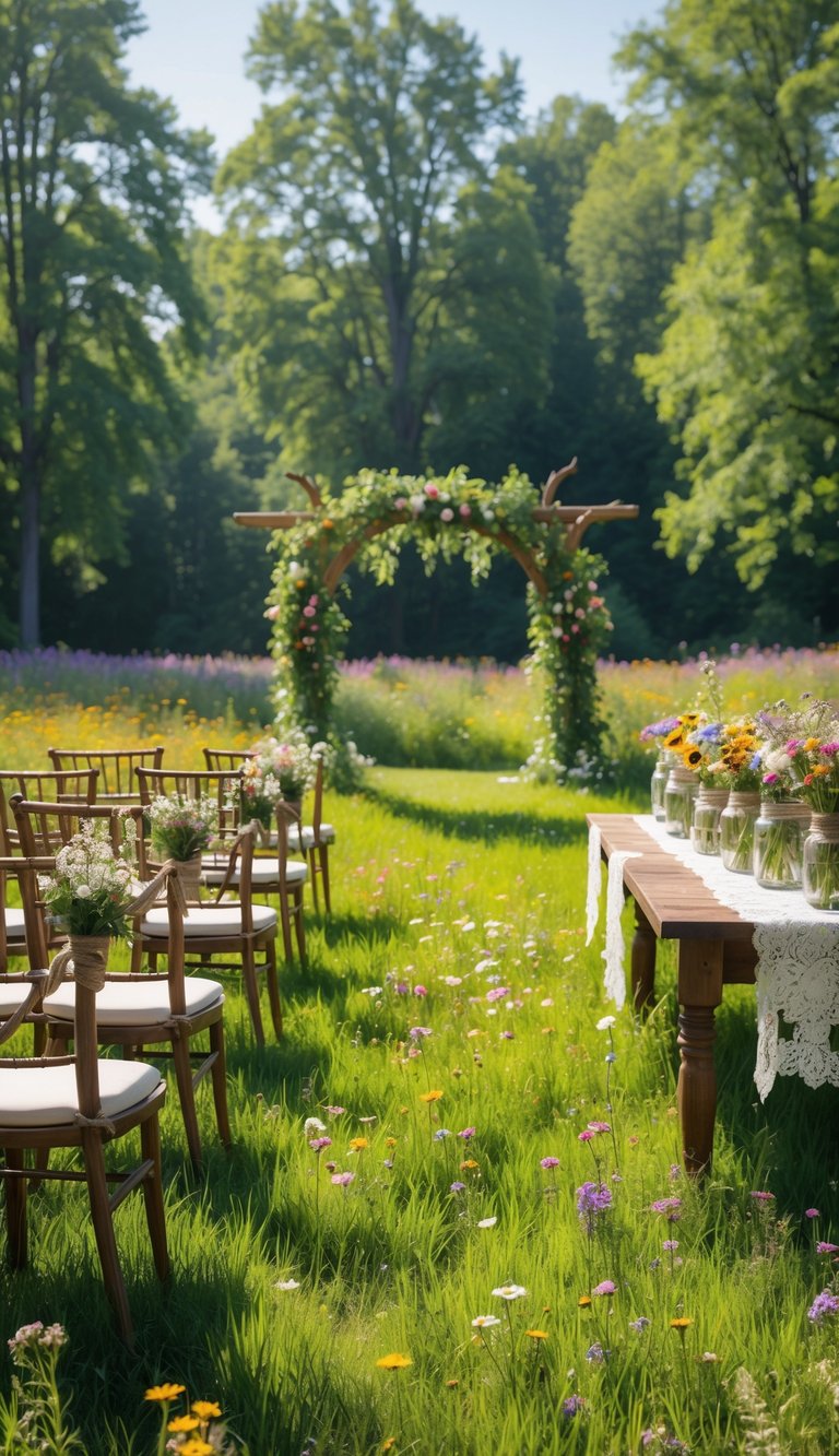 An outdoor wedding ceremony in a meadow surrounded by colorful wildflowers, with a wooden arch decorated with flowers and chairs arranged for guests.