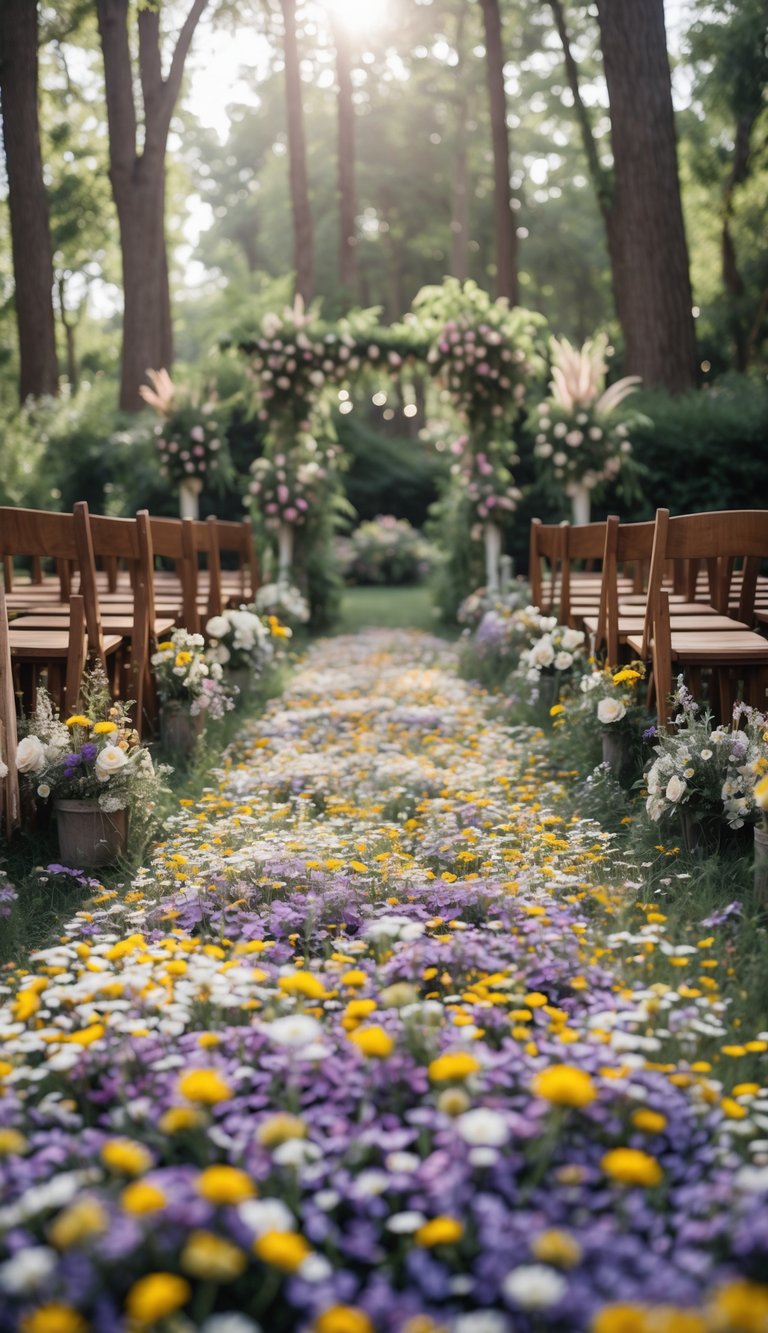 Outdoor wedding aisle covered with colorful wildflower petals, surrounded by greenery and wooden benches.