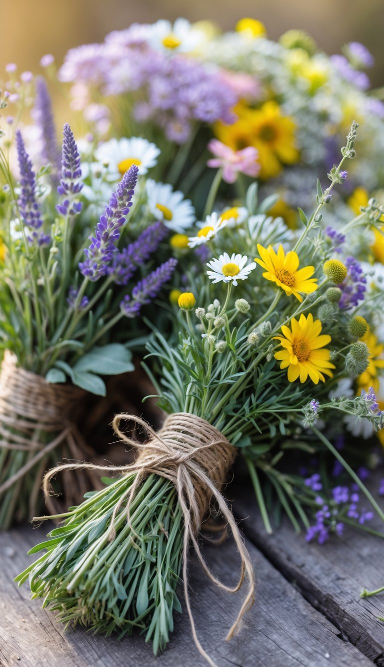 Several rustic wildflower bouquets tied with twine resting on a wooden surface with soft natural lighting.