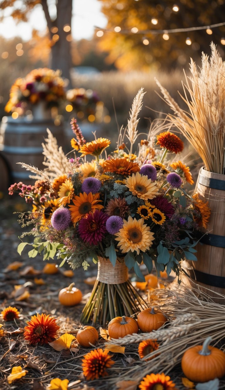 A rustic outdoor wedding scene with colorful autumn wildflowers arranged in bouquets and decorations surrounded by fallen leaves and warm sunlight.