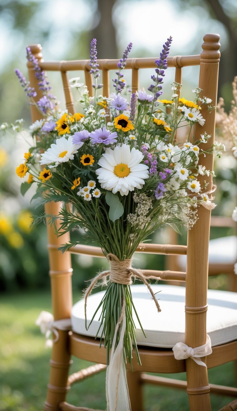 A wooden wedding chair decorated with colorful wildflower bunches outdoors.