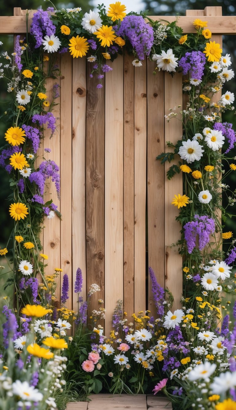 A natural wood backdrop decorated with colorful wildflowers in an outdoor setting.