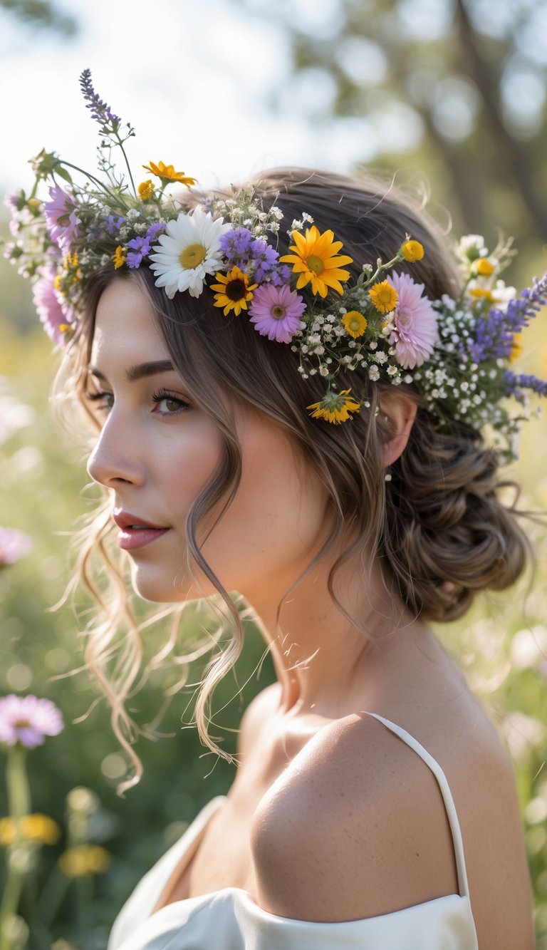 Close-up of a bride wearing a colorful wildflower crown outdoors with greenery in the background.
