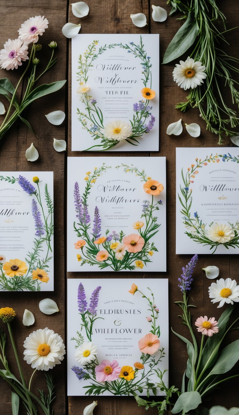 A collection of wedding invitations decorated with colorful wildflower illustrations, surrounded by fresh wildflowers and green foliage on a wooden surface.