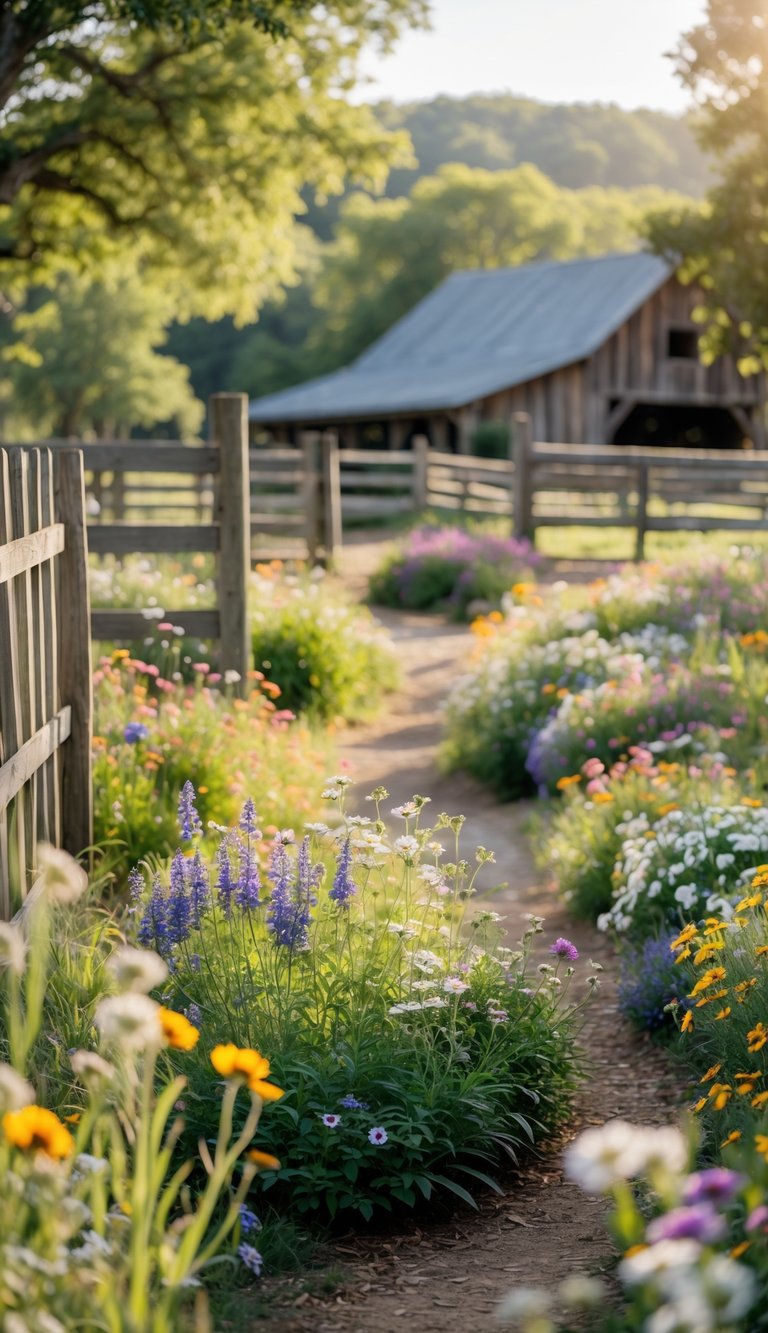 Rustic countryside venue with colorful wildflower gardens and a wooden barn in the background under soft sunlight.