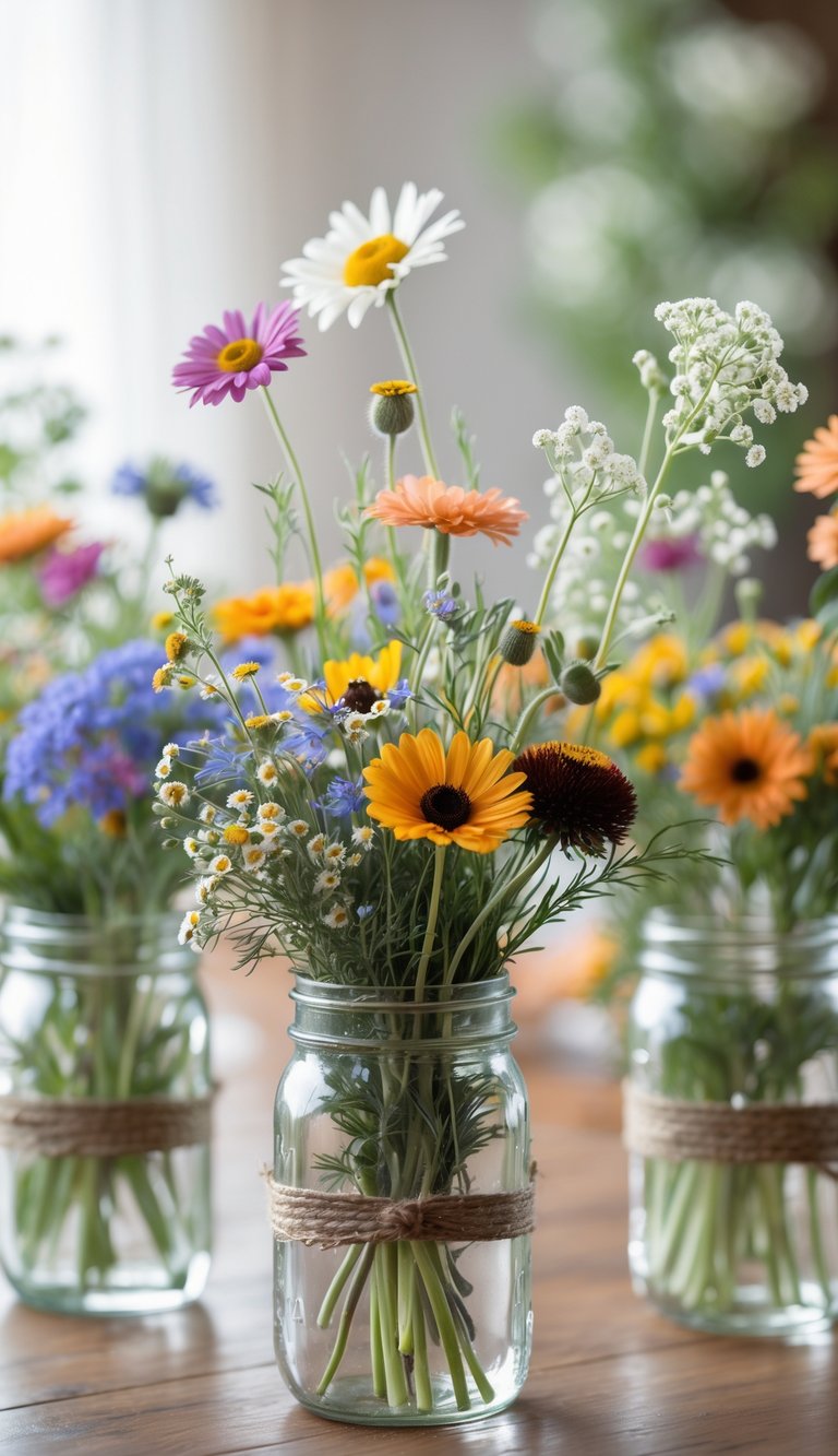 Several mason jars filled with colorful wildflower bouquets arranged on a wooden table.