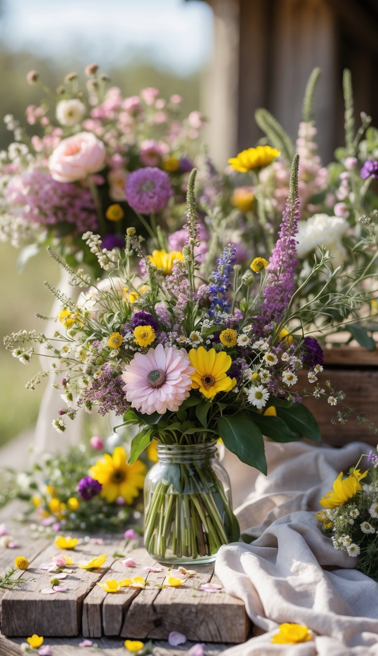 A close-up of colorful wildflowers arranged in wedding bouquets and centerpieces on rustic wooden and linen surfaces.