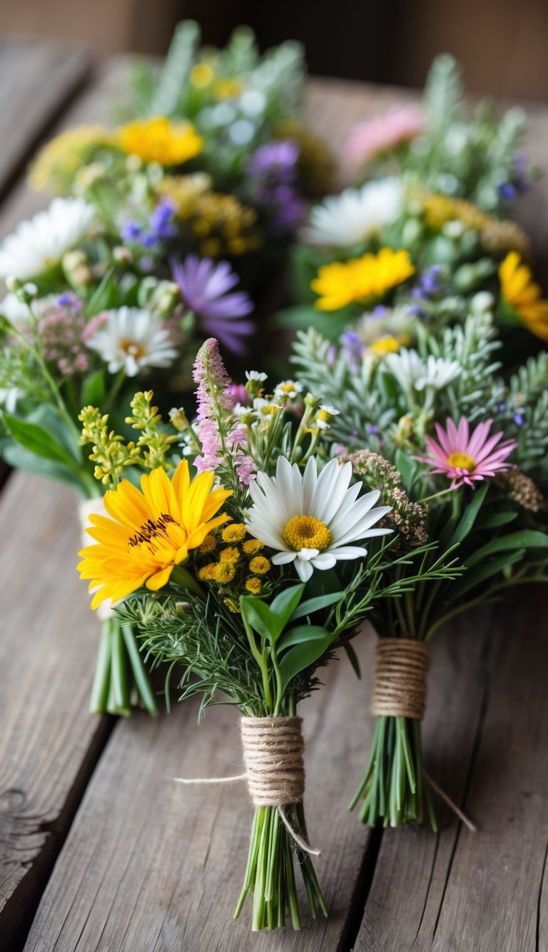 Close-up of several colorful wildflower boutonnières arranged on a wooden surface.