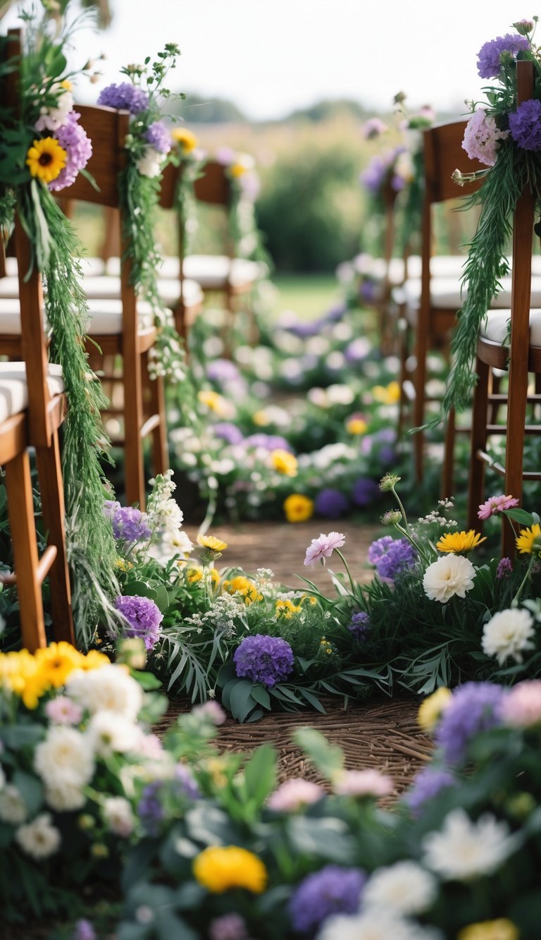 A wedding aisle decorated with flowing garlands of colorful wildflowers along wooden seating.