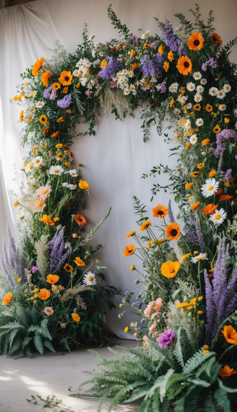 A photo booth backdrop decorated with a variety of colorful wildflowers and green foliage arranged densely to create a natural floral display.