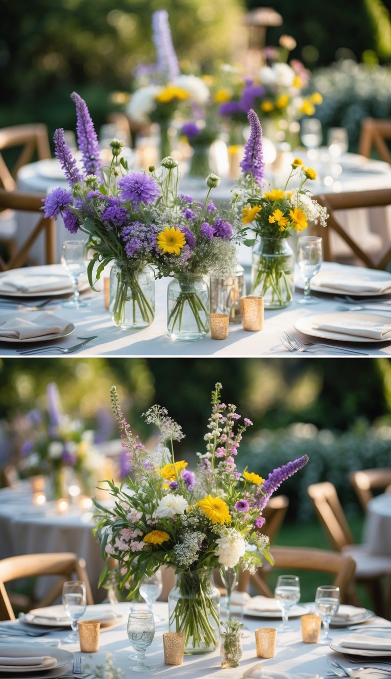 Several tables outdoors decorated with colorful wildflower centerpieces in glass vases surrounded by greenery.