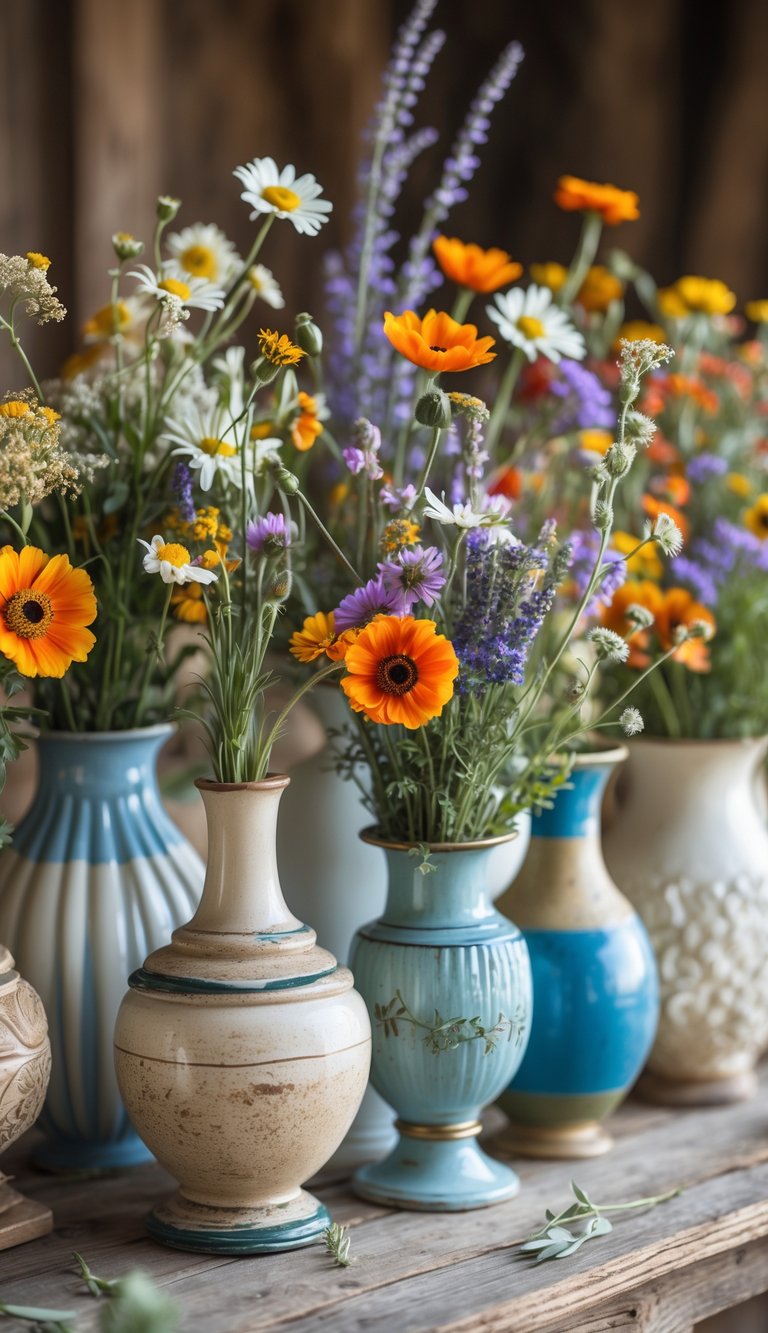 A collection of vintage vases filled with colorful wildflowers arranged on a wooden table.