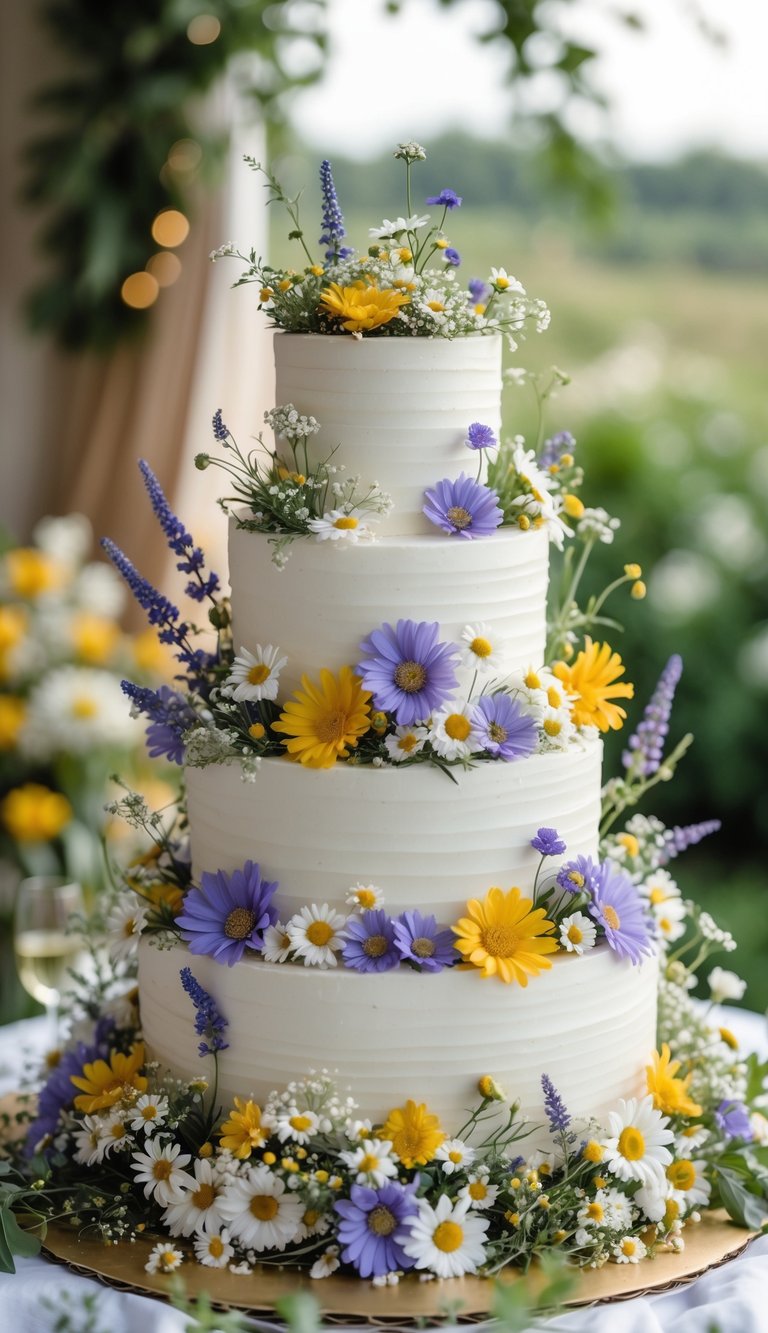 A multi-tiered white wedding cake decorated with colorful wildflowers, set against a softly blurred natural background.