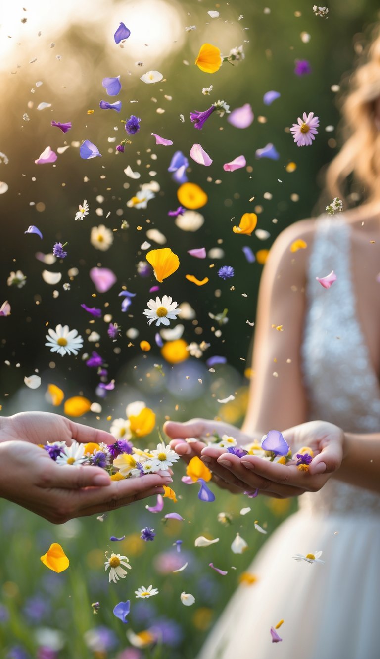 Hands scattering colorful wildflower petals outdoors during a wedding send-off.