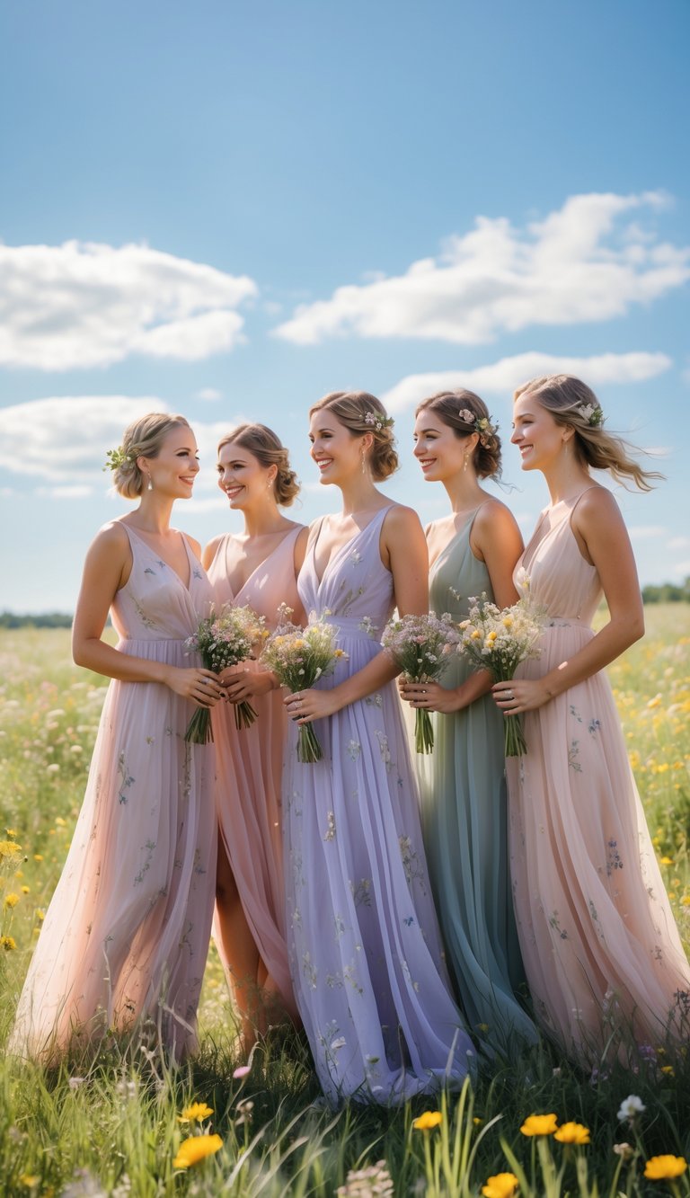 A group of bridesmaids in pastel-colored dresses standing in a meadow filled with wildflowers, holding small bouquets.