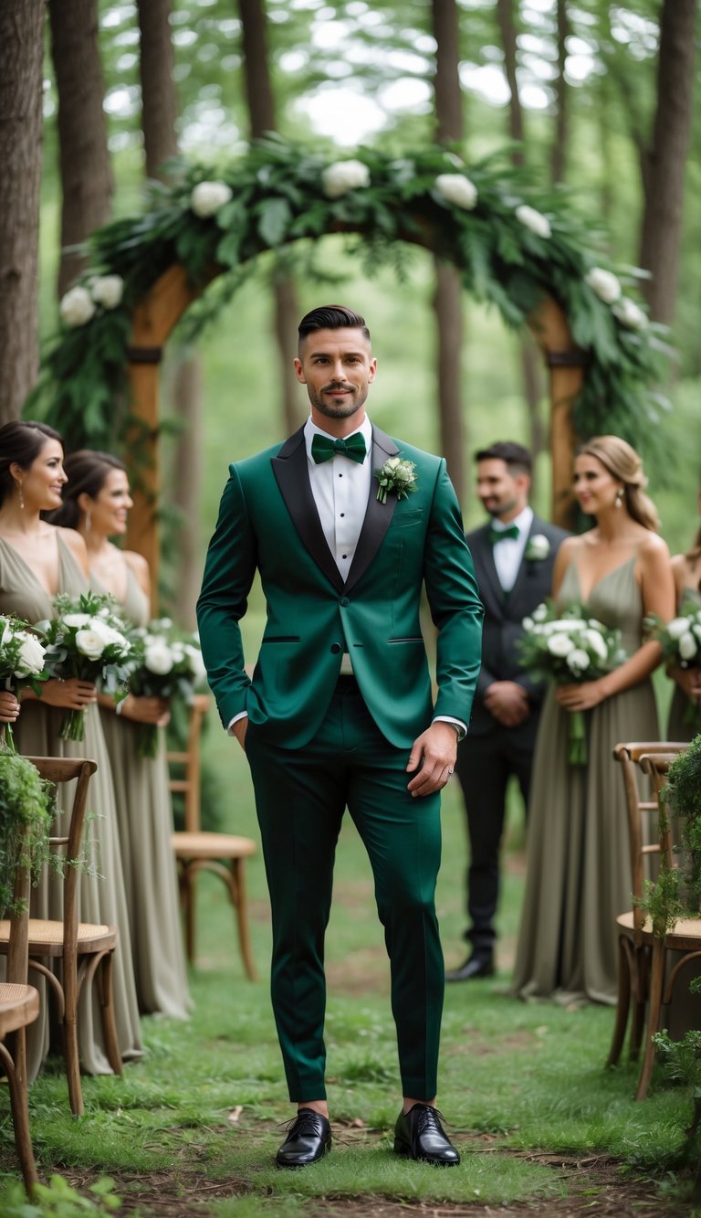A groom wearing a forest green tuxedo stands in a forest surrounded by greenery, with bridesmaids and wedding decorations in the background.