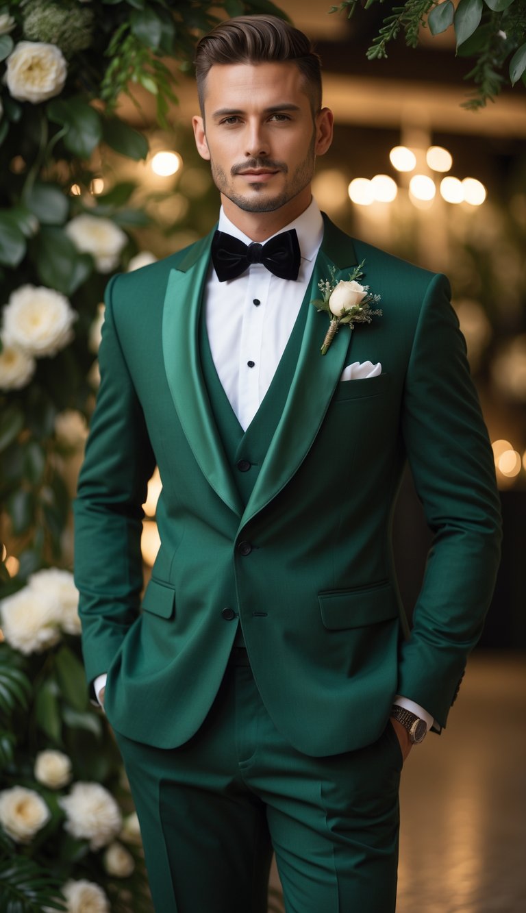 A man wearing a forest green tuxedo with satin lapels at a formal wedding venue decorated with greenery and flowers.
