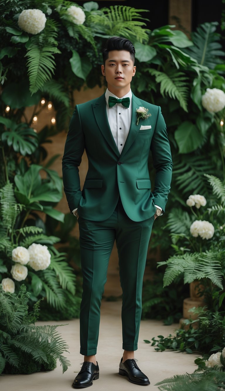 A groom wearing a forest green tuxedo standing in a setting decorated with lush green plants and foliage.