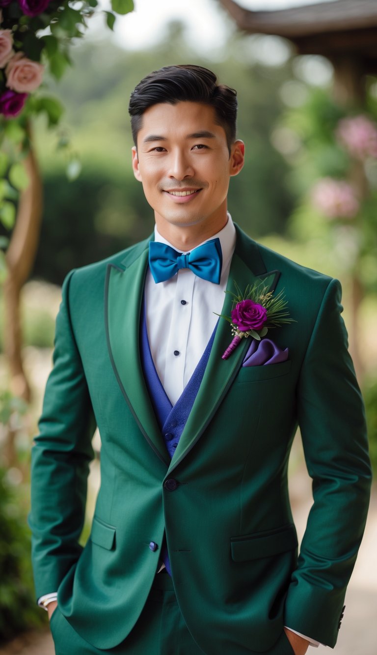 A groom wearing a forest green tuxedo with colorful jewel-tone accessories standing outdoors at a wedding.