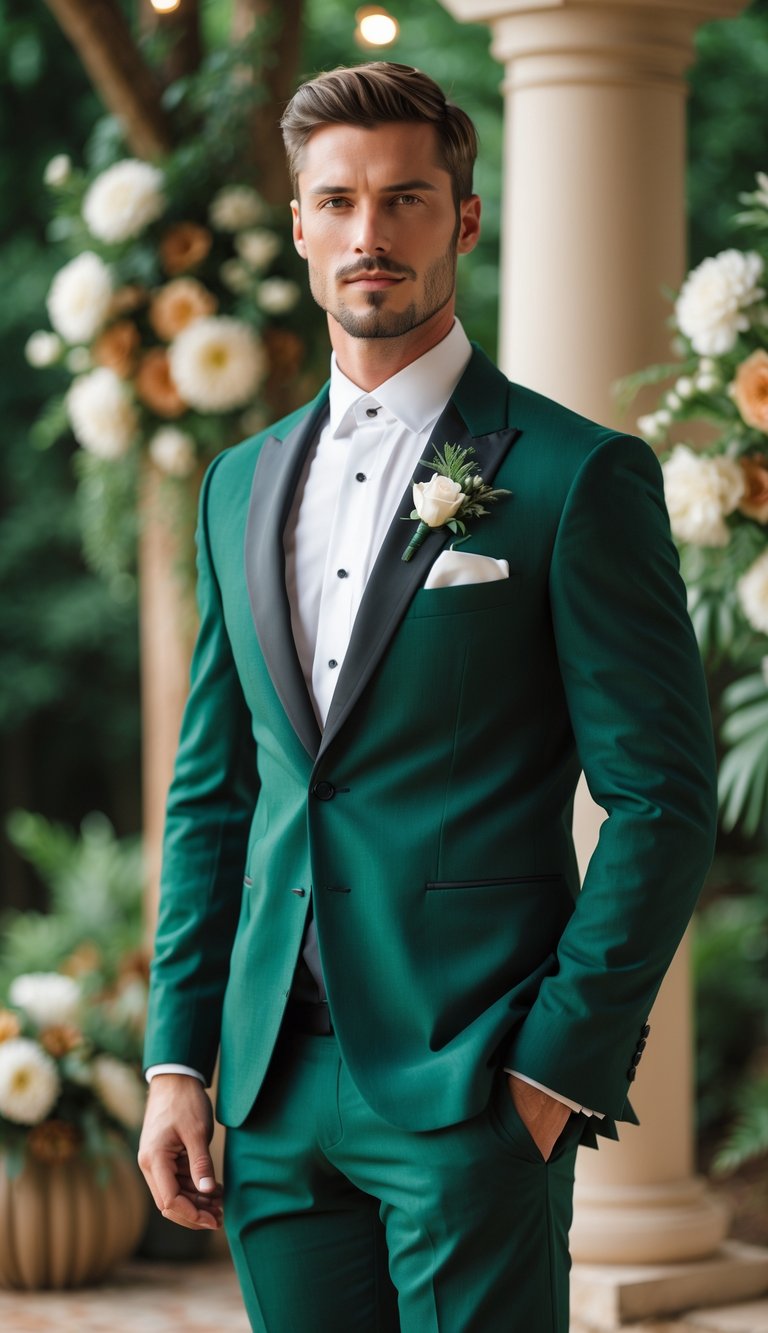 A groom wearing a forest green tuxedo and white dress shirt standing outdoors at a wedding with greenery and floral decorations in the background.