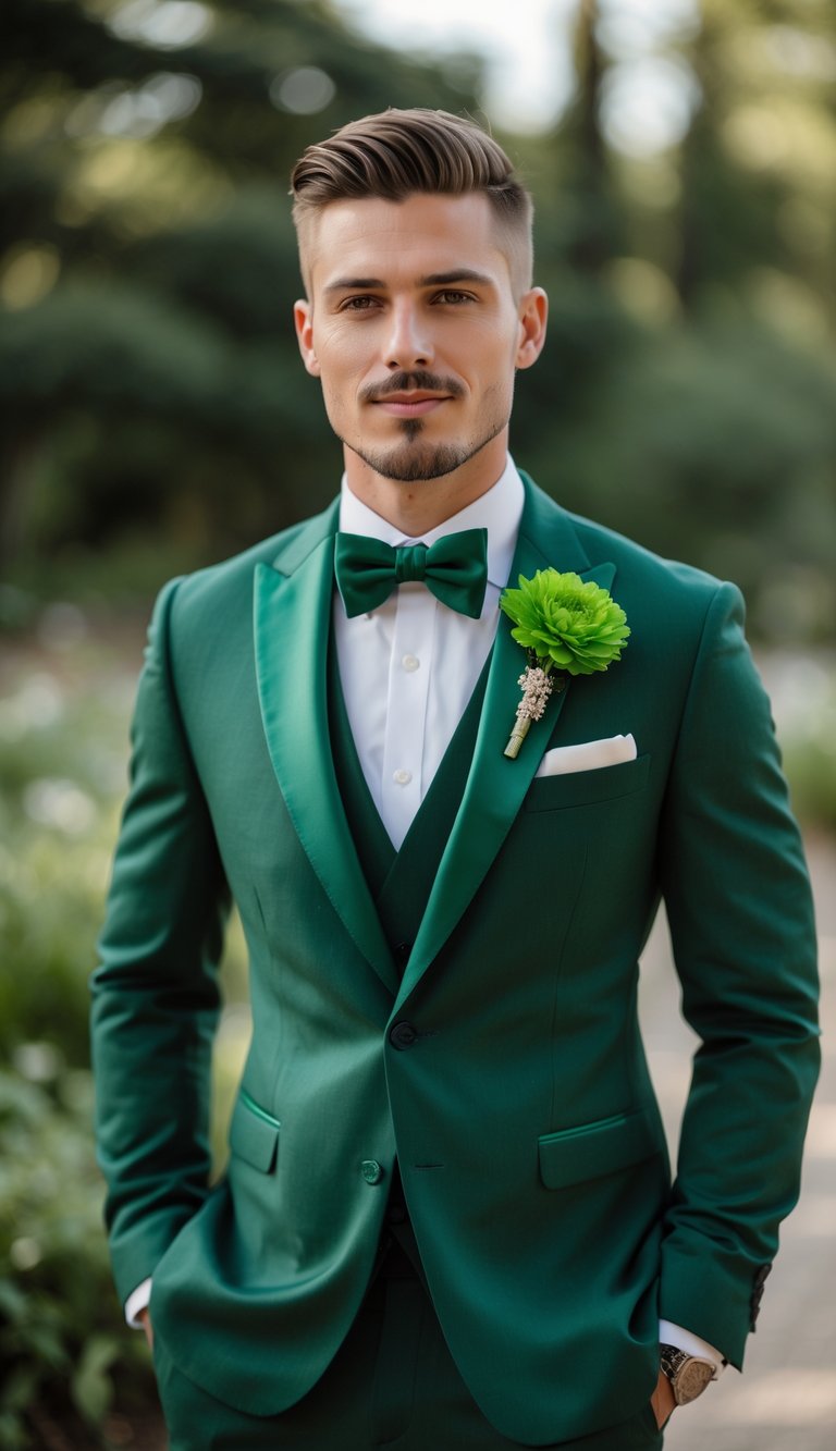 A groom wearing a forest green tuxedo with a green boutonniere, standing outdoors.