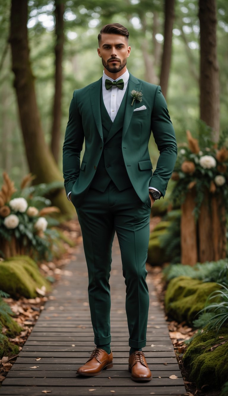 A man wearing a forest green tuxedo and brown shoes stands outdoors in a forest setting with greenery and wedding decorations around him.