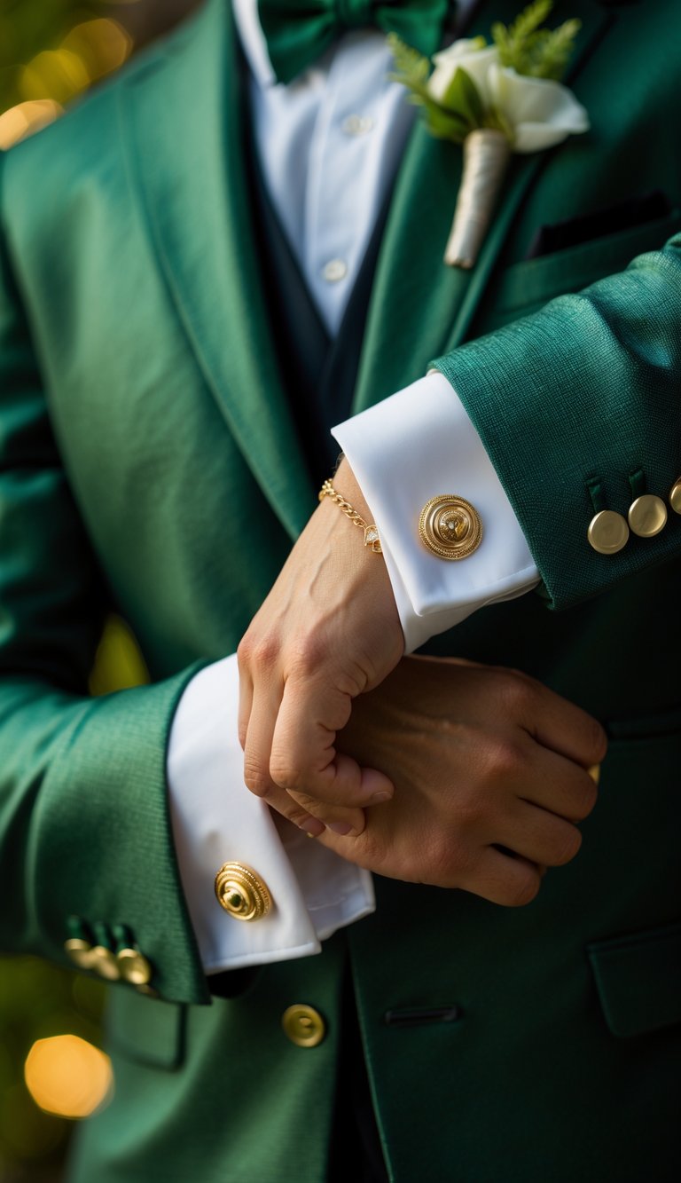 Close-up of a man's wrist wearing gold cufflinks and a forest green tuxedo jacket at a wedding.