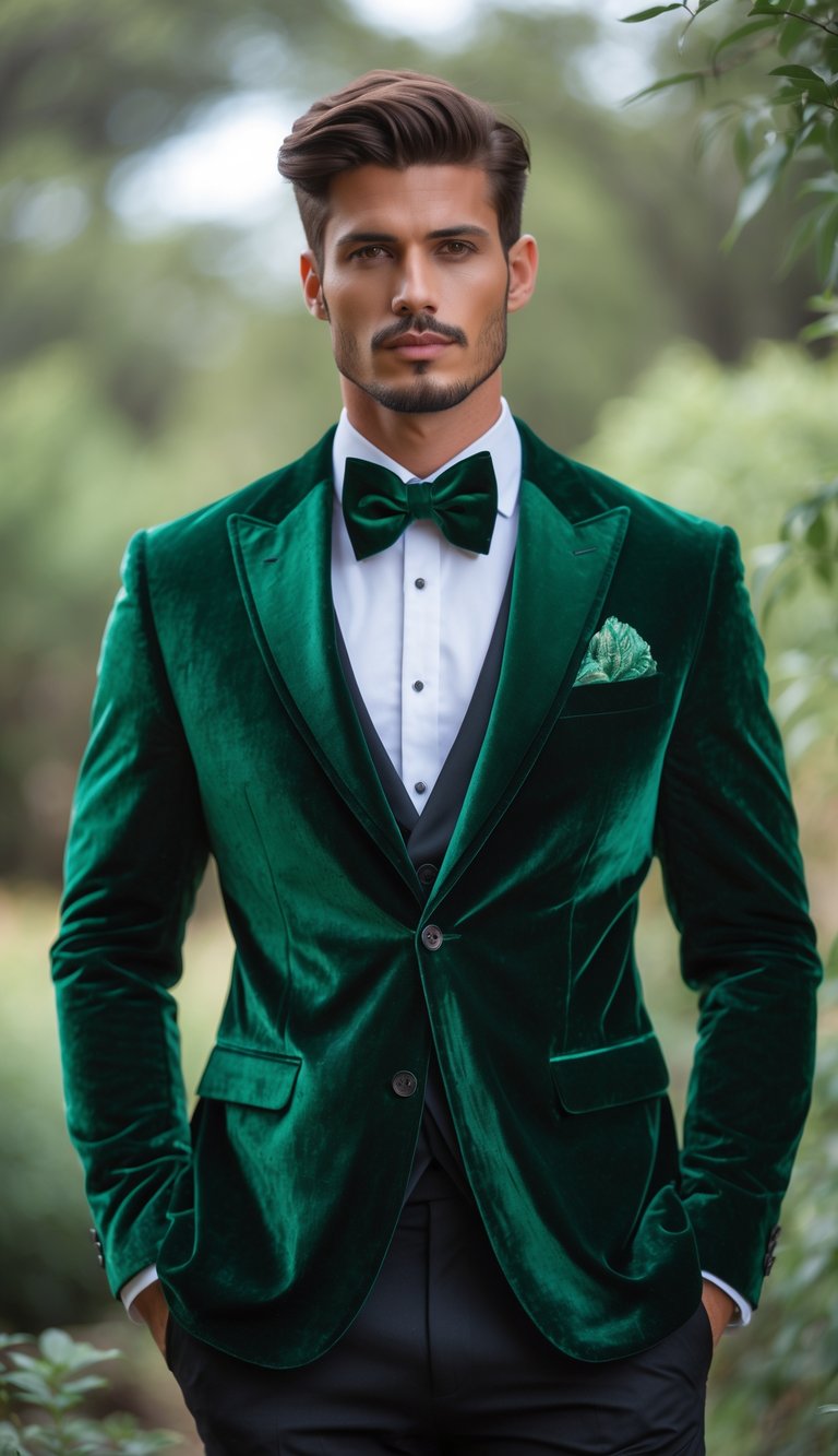 A man wearing a forest green velvet jacket stands outdoors with a blurred natural background.
