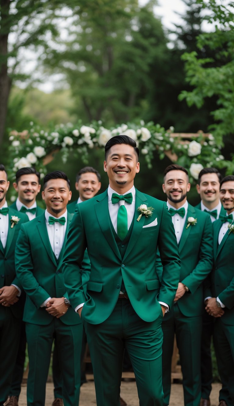 A group of men wearing forest green tuxedos with emerald green ties or bow ties at an outdoor wedding.