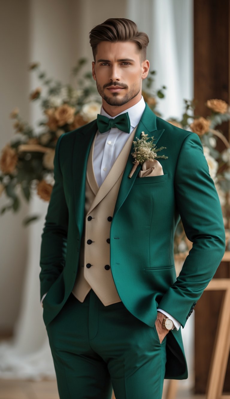 A man wearing a forest green tuxedo with a beige waistcoat stands indoors in front of a softly blurred background with wedding decorations.