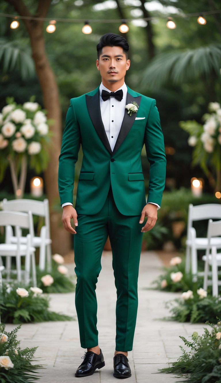 A man wearing a forest green tuxedo with black satin trim standing outdoors in a garden wedding setting.