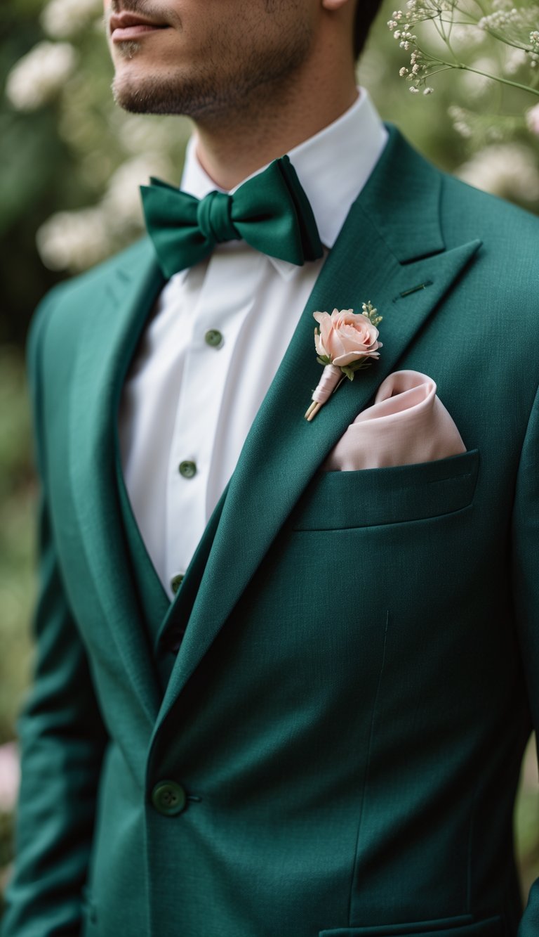 Close-up of a groom wearing a forest green tuxedo with a pastel pocket square at an outdoor wedding.