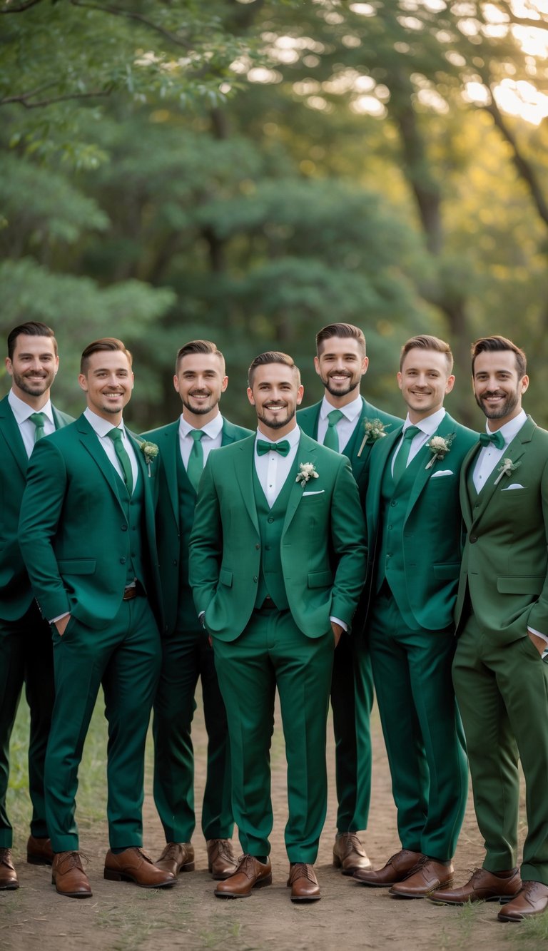 A group of groomsmen wearing different shades of green tuxedos standing together outdoors, smiling and interacting.