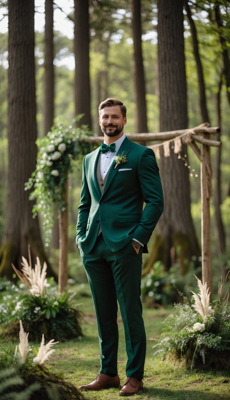 Groom wearing a forest green tuxedo standing outdoors in a forest surrounded by trees and rustic wedding decorations.