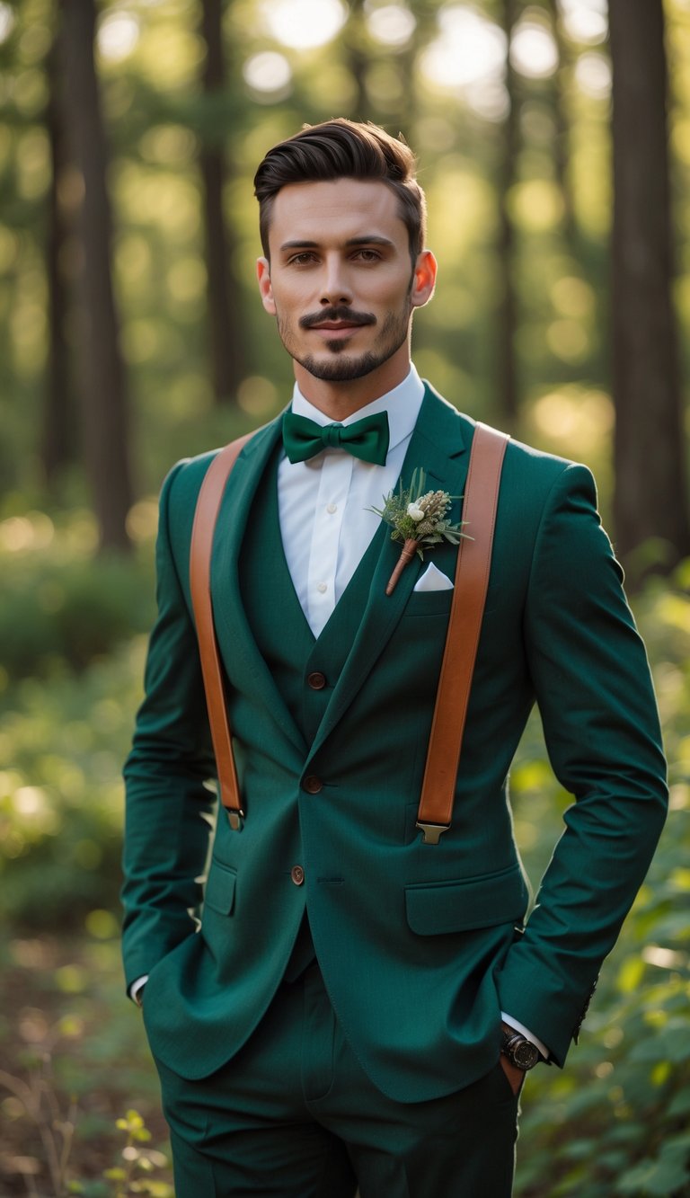 Groom wearing a green tuxedo with leather suspenders standing outdoors in a forest setting.