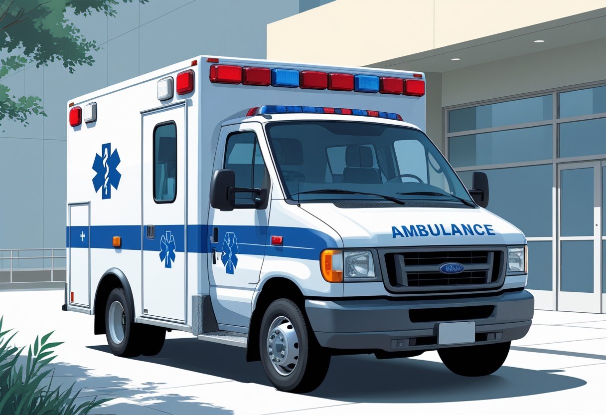 Ambulância de transporte ou simples remoção tipo A: quando utilizar e principais recomendações 1 Uma ambulância de transporte tipo A branca estacionada em frente a um hospital, com luzes de emergência no teto e símbolos médicos nas laterais.