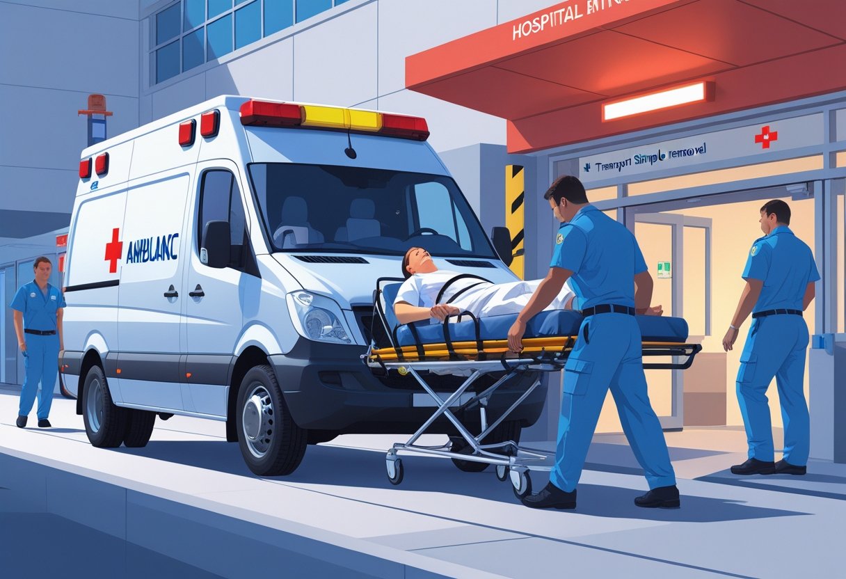Ambulância de transporte ou simples remoção tipo A: quando utilizar e principais recomendações 2 Ambulância estacionada em frente a um hospital com paramédicos transportando um paciente em uma maca.
