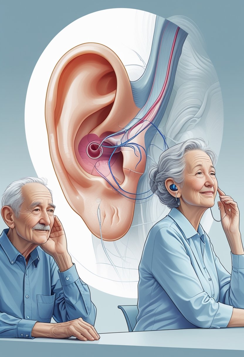 Idoso e idosa mostrando sinais de dificuldade auditiva, com ilustração do ouvido humano ao fundo destacando as áreas afetadas pela perda auditiva.