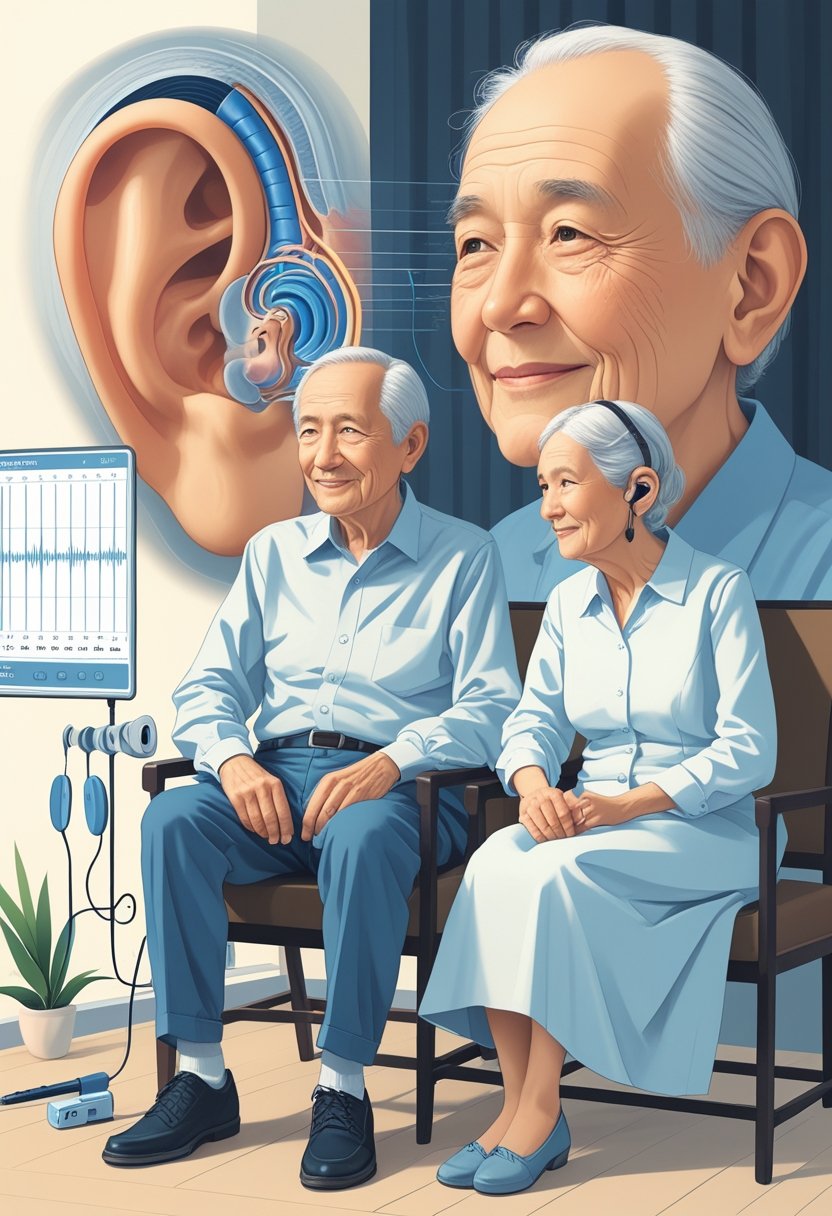 Dois idosos sentados lado a lado com uma ilustração transparente do ouvido interno ao lado, mostrando a perda auditiva relacionada à idade.