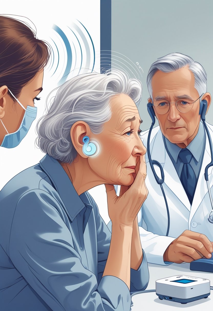 Pessoa idosa com expressão preocupada, segurando a orelha, enquanto um profissional de saúde realiza um exame auditivo em um ambiente clínico.