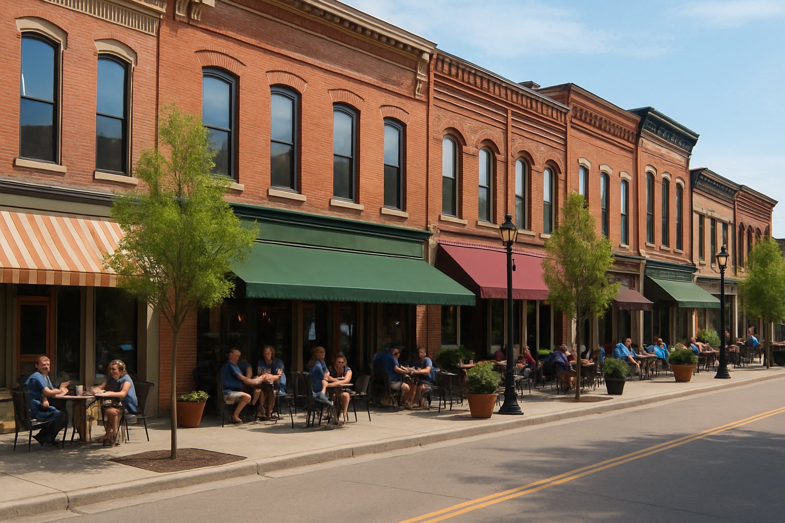 A busy downtown street in Adrian, Michigan with restaurants, outdoor seating, and people dining and socializing.