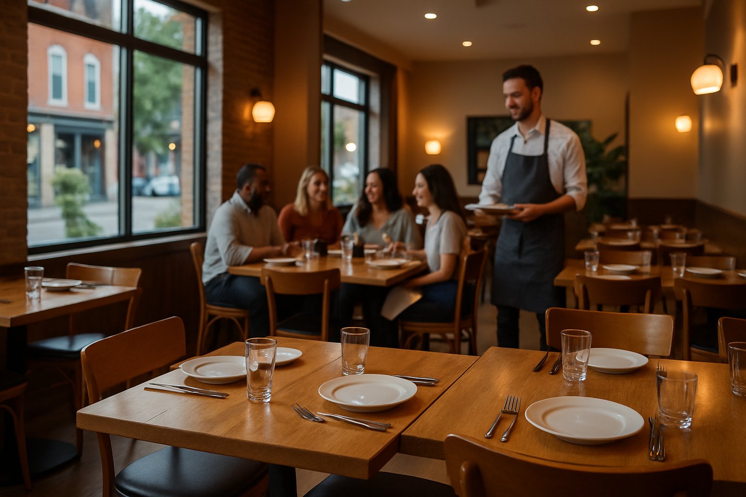 Interior of a bright and inviting restaurant with tables set for dining and a waiter serving happy customers.